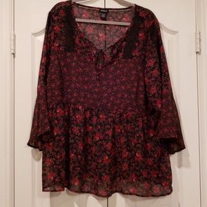 Torrid sheer red rose blouse with lace trim